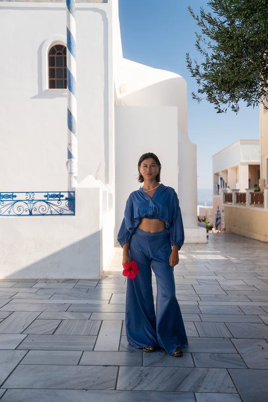 Pantalon ABBA satiné bleu azur