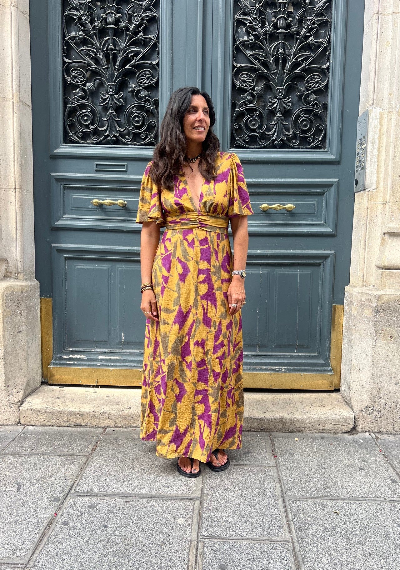 Robe GLORIA print kaki violine