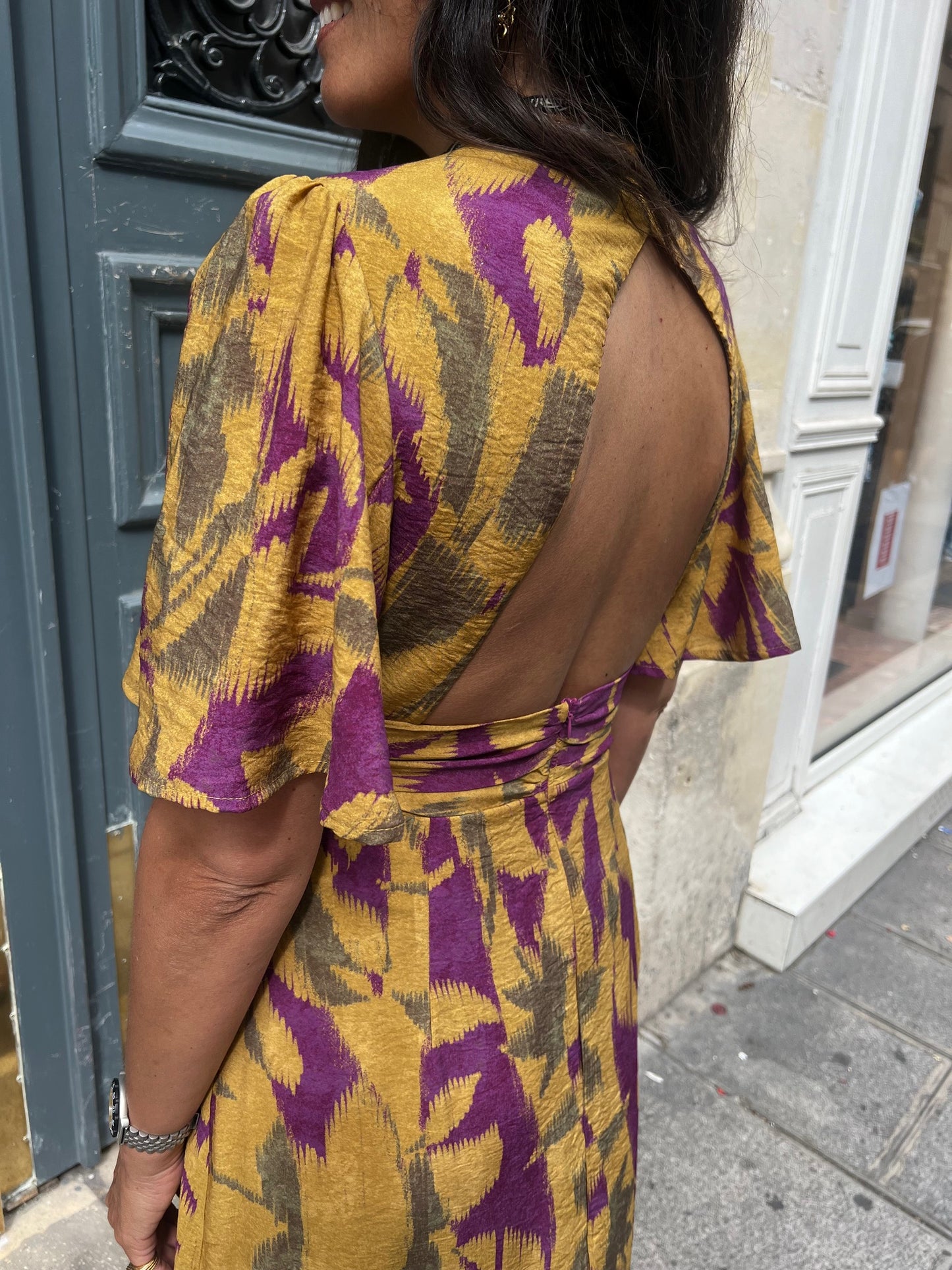 Robe GLORIA print kaki violine