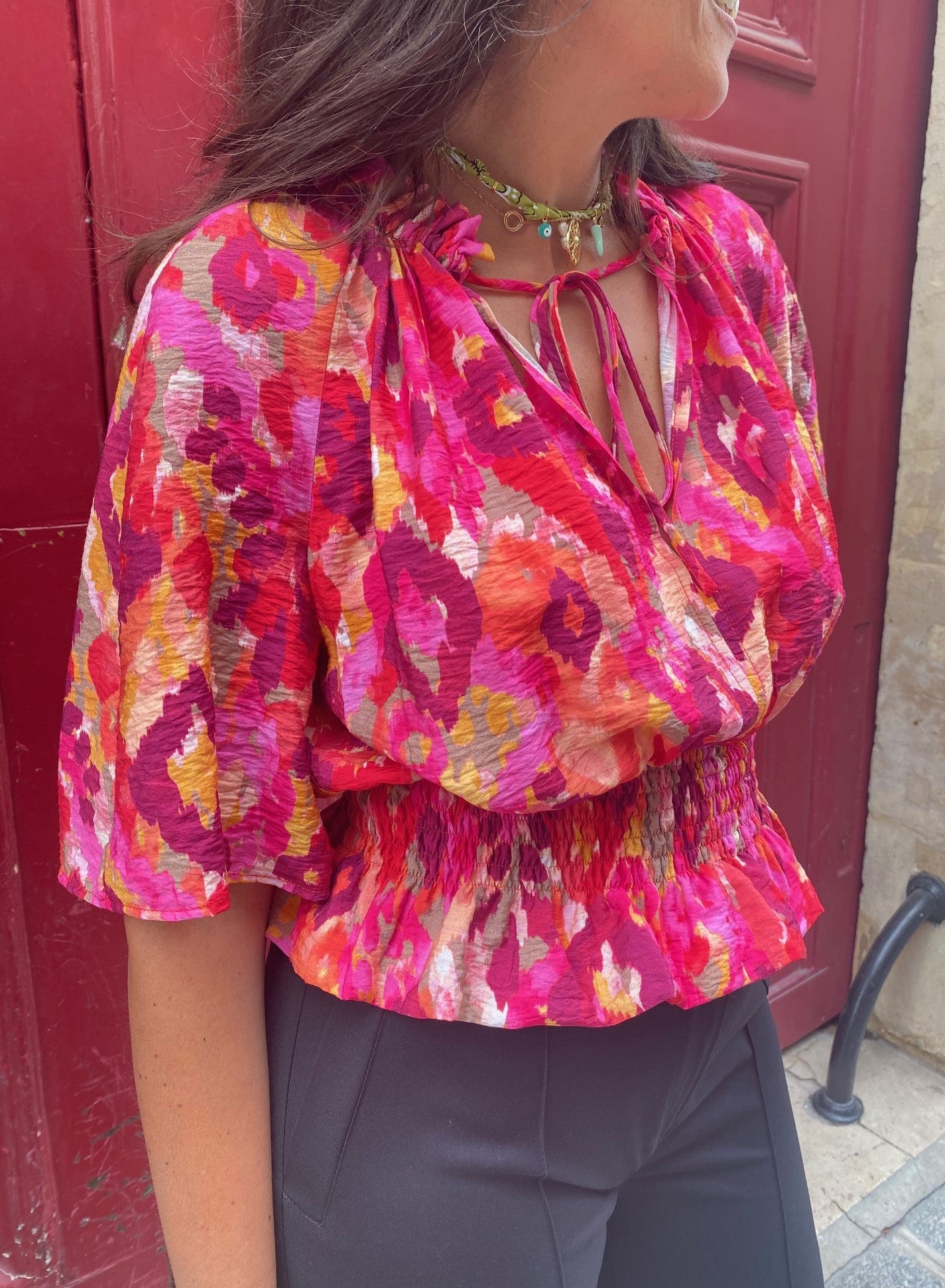 Top LIV print tulum fushia